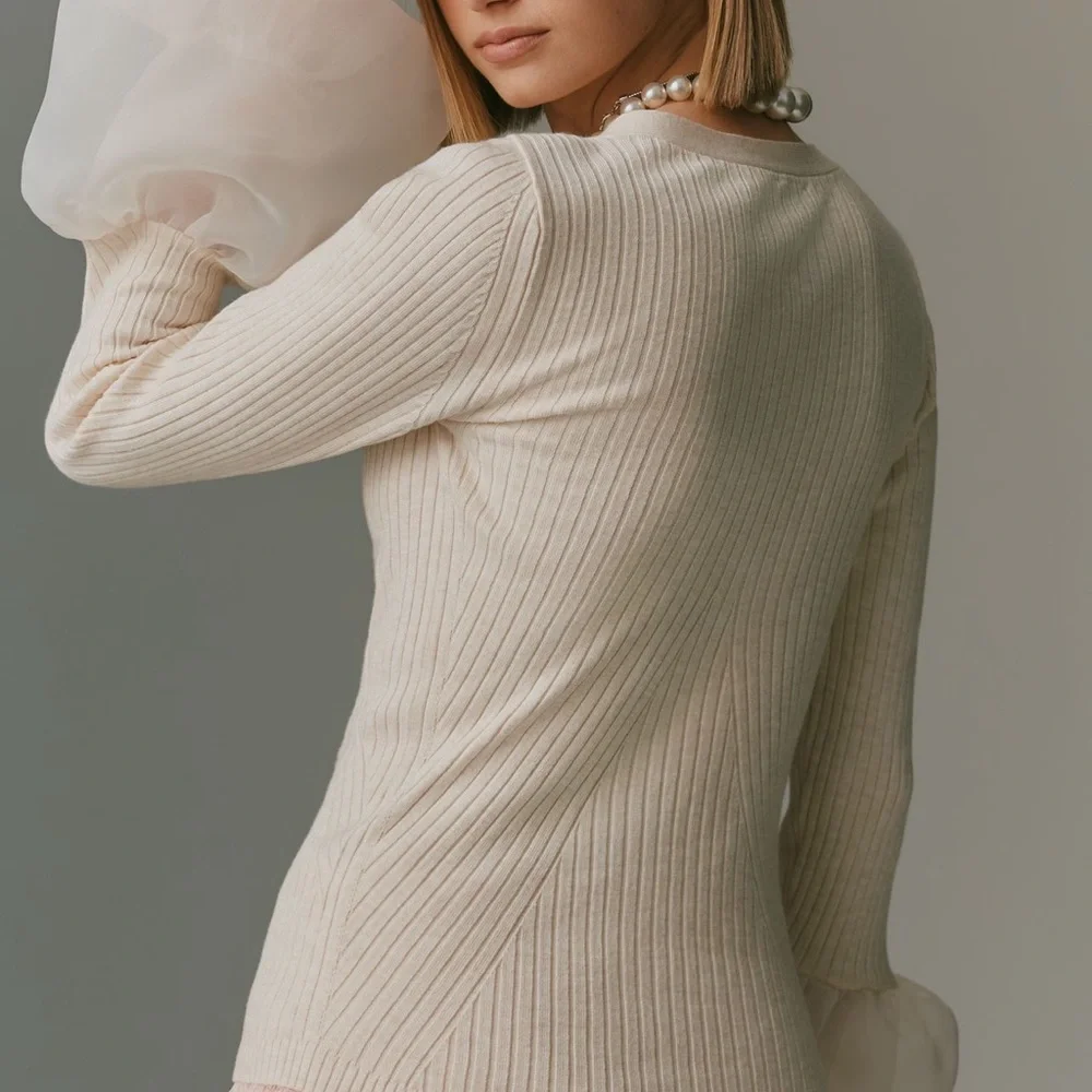 Anthropologie Maeve Cream Organza Cuff Sweater - Picture 3 of 4
